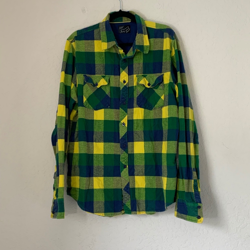 Fox Racing Flannel Shirt Mens XL Green Yellow Plaid Buffalo Check Moto Grunge